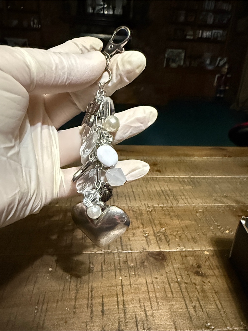 Silver Heart Charm Keychain with Clear Beads